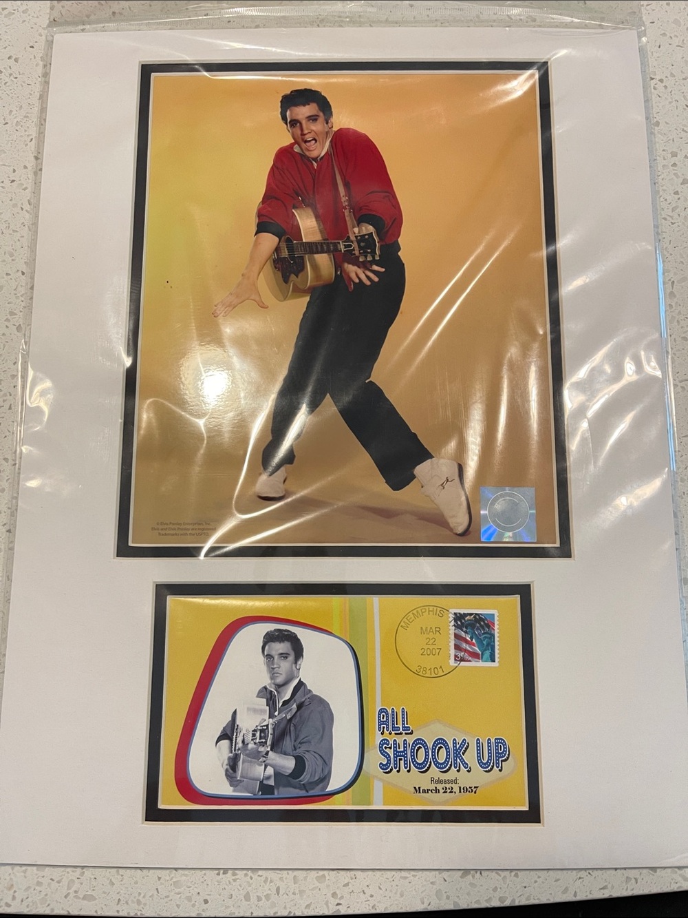Elvis Presley Framed Photo & 'All Shook Up' Print - Red Shirt, Yellow Background